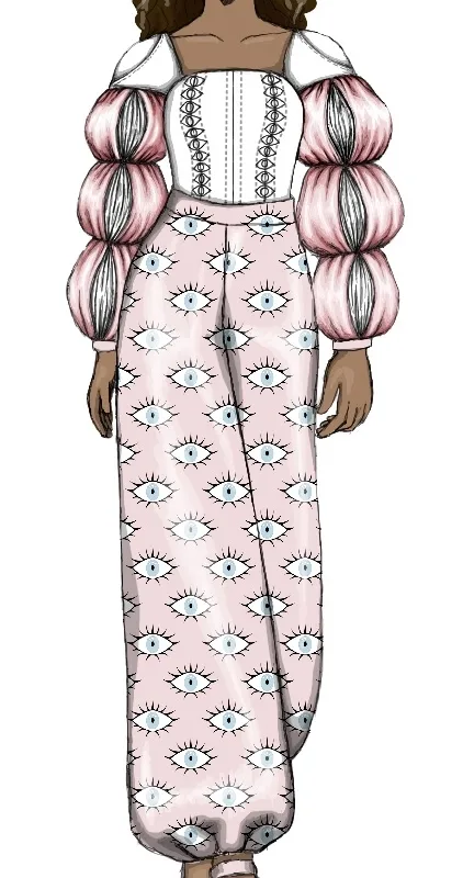 Stylized illustration of a model wearing a white satin corset-style top with pink puffy sleeves, and loose pink satin pants printed with large eye graphics.
