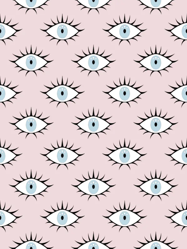 Seamless eye-print textile pattern — pale blue eyes with black lashes on a soft pink ground