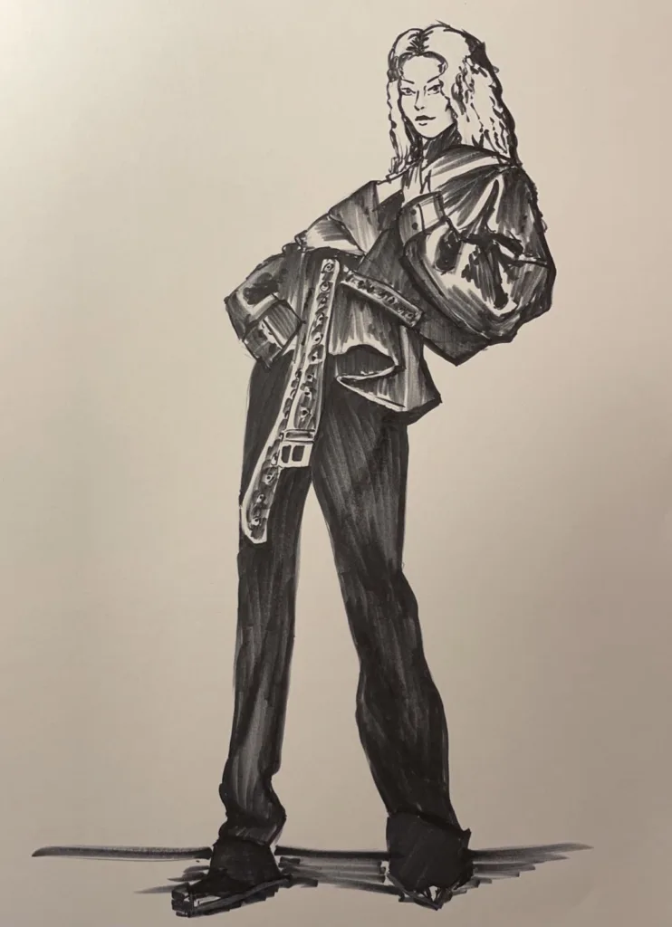 Ink fashion illustration of a figure in a jacket with a studded belt and tailored trousers