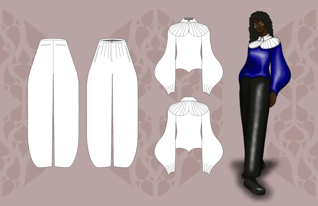 Seasonless 2027 design page — blue puff-sleeve collared top and black trousers with technical flats