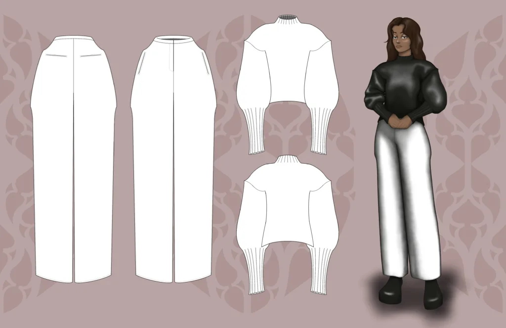Seasonless 2027 design page — black mock-neck balloon-sleeve sweater and white trousers with technical flats